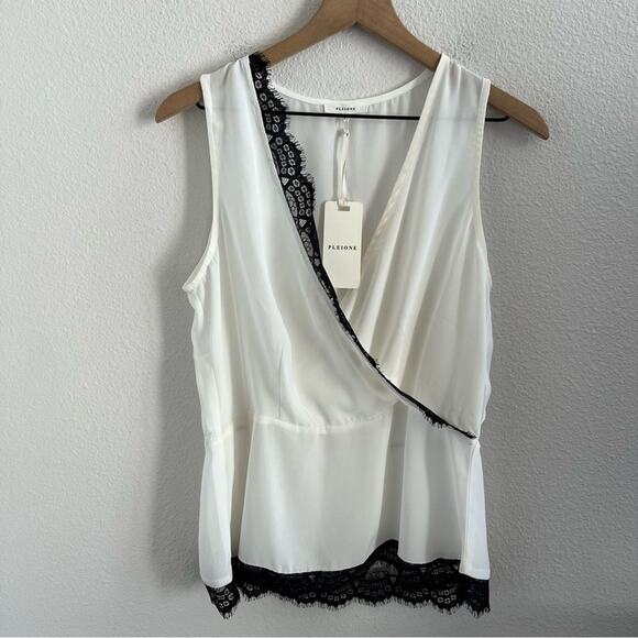 NWT Pleione White with Black Lace Trim Tank Faux Wrap Upper Small - Picture 1 of 8